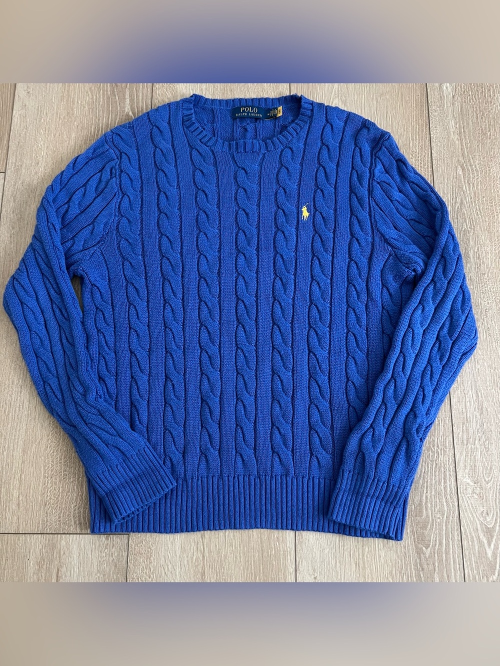 Ralph Lauren Men’s Cable Knit Crewneck Sweater - Blue with Yellow Pony size M